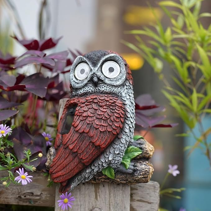7.8" Solar Owl Garden Statue,Waterproof Owl Solar Lights with Glowing Eyes,Tree Decorations Outdoor for Yard Patio Lawn, Solar Owl Light for Night Garden Decor, Owl Garden Statue for Fence or Wall