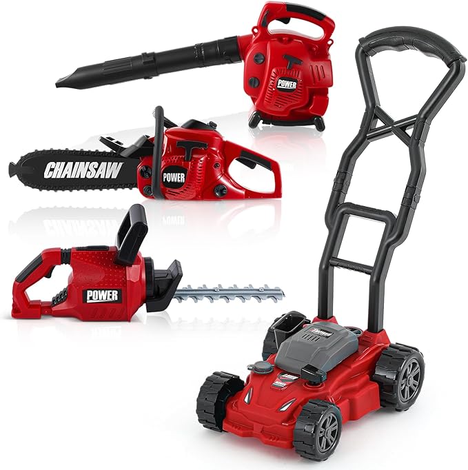 Arrowbash 4 Pcs Toy Gardening Tool Set for Kids Toy Leaf Blower Chainsaw Hedge Trimmer Push Lawn Mower Battery Play Set Christmas Birthday Party Gift for Boys Girls