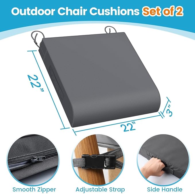 TasticTotes 22 x 22 x 3 Inch Patio Chair Cushions - Set of 2, Waterproof Outdoor Seat Cushions with Adjustable Straps and Handles, Fade-Resistant Dinning Pads for Outdoor Furniture, Garden, Bay, Grey