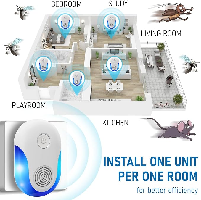 Upgraded Ultrasonic Repellent Indoor 6 Packs, Mouse Traps Insert Plug in, Insect, Roach, Rodent, Bugs, Ant, Mosquito, Mice, Spider Electronic Plug in Pest Control for House, Warehouse, Office (6)