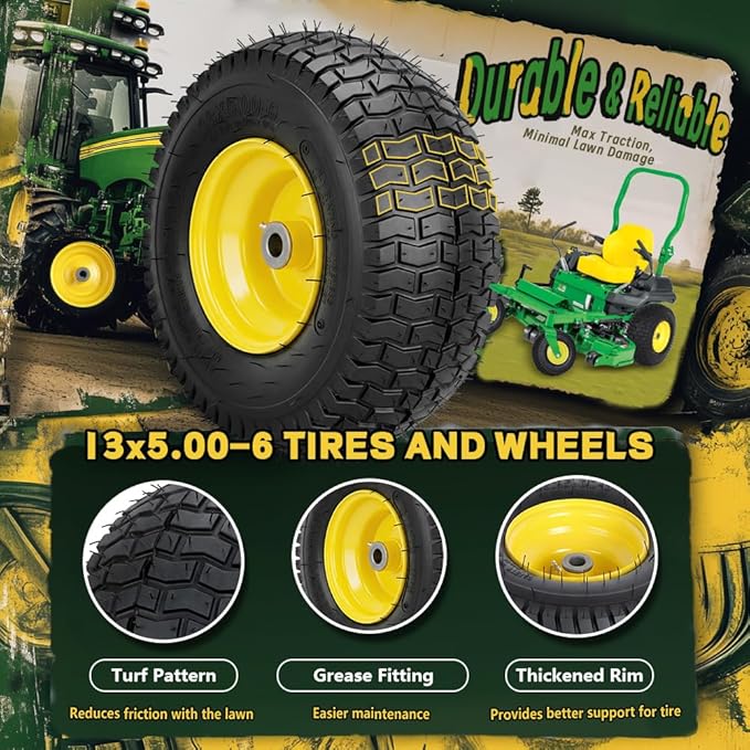 13x5.00-6 Tire and Wheel Assemblies (2 Pack),13 x 5 x 6 Tubeless Rubber Tires and Wheel for Riding Lawn Mower - With 3/4" Bushings (Extra 5/8" Bushings) and 3" Centered Hub (Yellow)