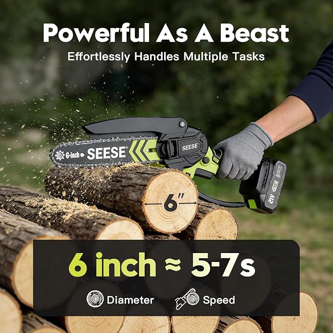 6-inch Mini Chainsaw Cordless: Home Garden Electric Chainsaw - 950W Pure Copper Brushless Motor, High Efficiency, Low Noise, 21V Batteries x2, Up to 80-Min Runtime