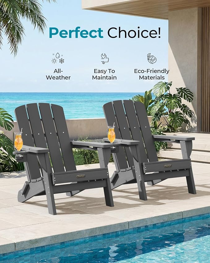 Folding Adirondack Chair 6 Pack, HDPE All-Weather Fire Pit Chairs, Plastic Adirondack Chairs with 2 Cup Holder, Outdoor Lawn Chair for Patio Garden (Grey)