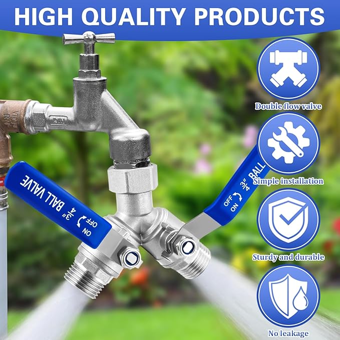 Garden Hose Splitter, 304 Stainless Steel 2 Way Heavy Duty Water Hose Splitter with Long Handle, Water Hose Y Spigot Splitter with Shutoff Valves, 3/4" GHT Thread Outdoor Faucet Splitter