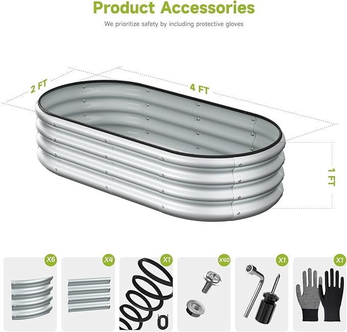 2PCS 4x2x1 FT Oval Metal Raised Garden Bed Kit, Elevated Garden Planter Box Outdoor, Trough Planter for Outdoor Plants, Flower, Vegetables, Fruit, Herbs (Silver)