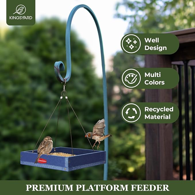 Kingsyard Platform Bird Feeder for Outdoors, Hanging Tray, 2 Pack | Recycled Poly Lumber, Weatherproof, 11x11 Tray, Holds up to 3 lbs Seeds or Mealworms, Easy Clean & Refill, Blue