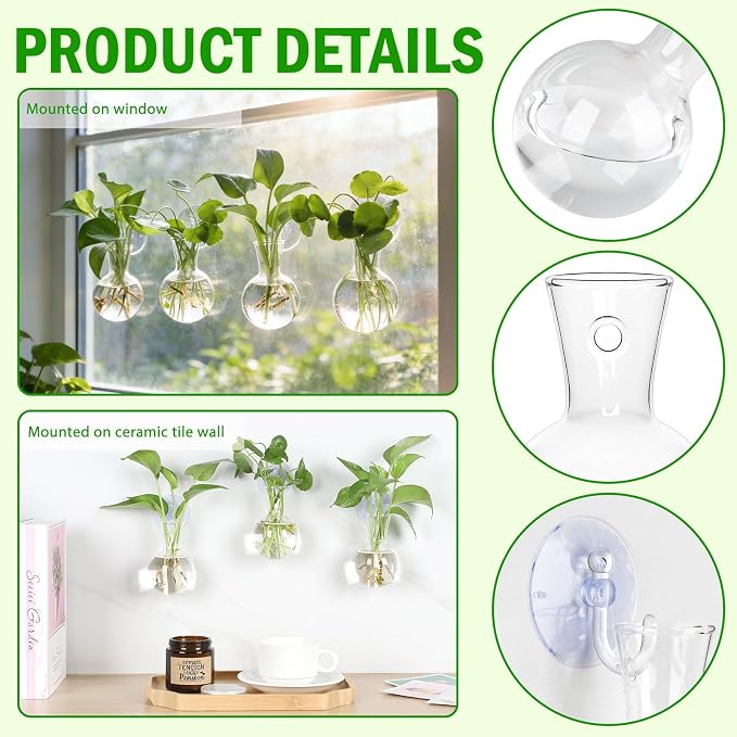 Bunmery 4 pcs Window Propagation Stations, Easy to Install Plant Propagation Bulbs with Suckion Cups, No Nails Wall Hanging Planter Propagation Station, Glass Plant Terrarium Vase