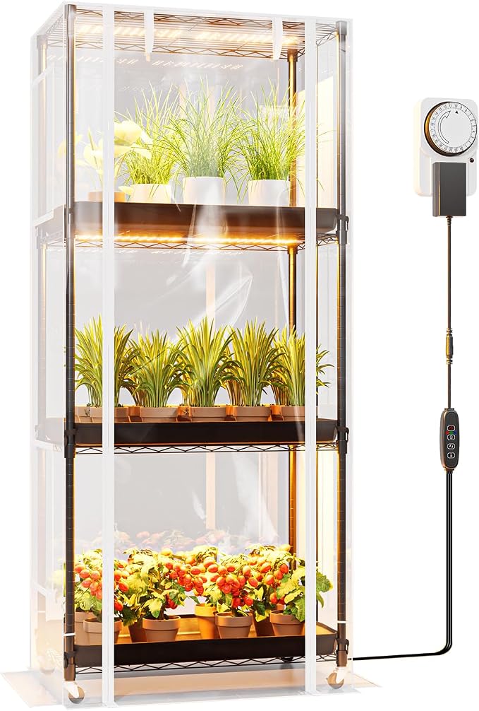 SPECILITE Indoor Greenhouse with Grow Light, DIY 4-Tier Plant Stand with PVC Cover and 99W Full Spectrum 5000K LED Plant Lights, Rolling Plant Shelves with Tent & Timer for Seed Starting, 27x14x59IN