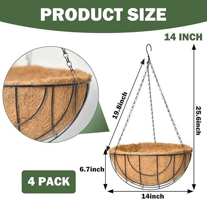 4 Pack 14 Inch Hanging Baskets for Plants Outdoor Metal Hanging Planter Basket with Coco Coir Liner Hanging Flower Baskets Hanging Flower Pots Holder for Garden, Patio(Earth)