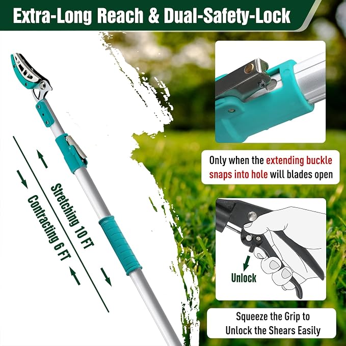 JARDINEER Lightweight Tree Pruner Extendable, 6-10ft Tree Trimmers Long Handle Pruner, Ergonomic Grip Long Reach Cut & Hold Pole Pruner and Stable Fruit Picker Pole