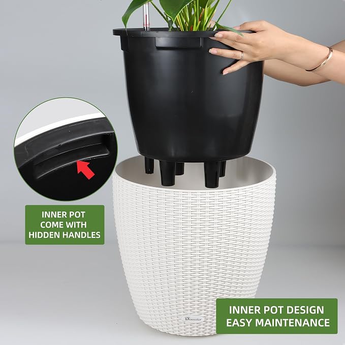 Dexceder 18x17 Self Watering Planter with Wheels (Ivory White Rattan) | Inner Pot Design, Thickened Table Flower Plant Pot with Water Level Indicator Indoor Outdoor