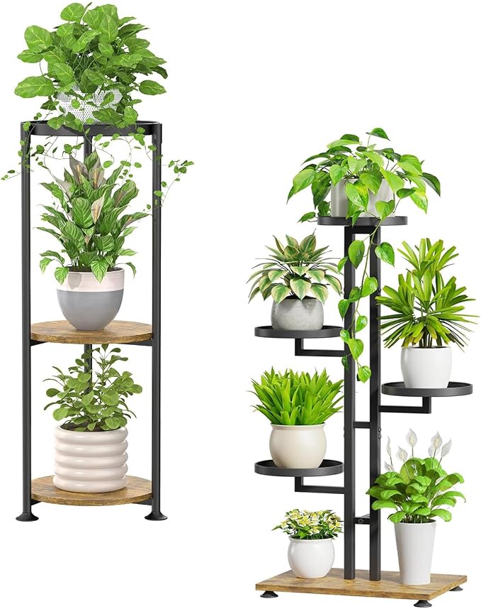 iDavosic.ly 34 Inch Tall Plant Stand for Indoor Outdoor 2 Pack, 3 Tier Vertical Metal Flower Holder Shelf and 5 Layer Corner Pot Display Rack for House Patio Porch Garden Balcony Living Room, Black