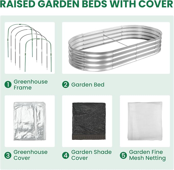 Raised Garden Bed with Greenhouse Frame and 3 Covers, 6x3x1 FT Garden Planting Box, Galvanized Metal Oval Tall Planter Box for Outdoor Gardening, Large Planting Space for Vegetables, Flowers