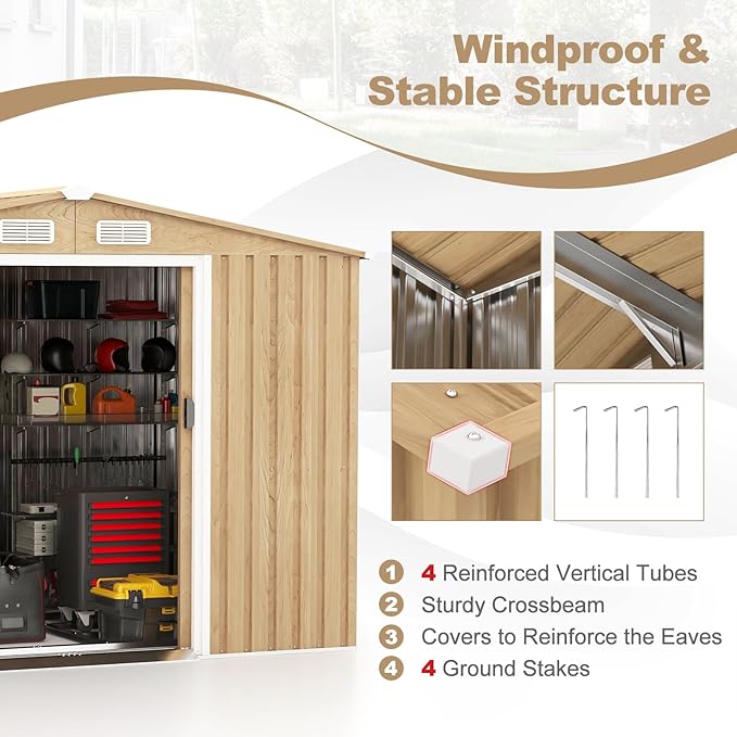 Goplus 8' x 6' Woodgrain Outdoor Storage Shed, Galvanized Metal Tool House Organizer w/Base Floor, 4 Vents, Lockable Doors, Waterproof Garden Sheds & Outdoor Storage for Backyard, Lawn, Patio