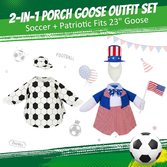 4th of July Porch Goose Outfit with Soccer Goose Outfit, Patriotic Uncle Sam Goose Costume with American Flag & World Cup Fit 23" Geese Statues Garden, Patio, Lawn Yard Decor