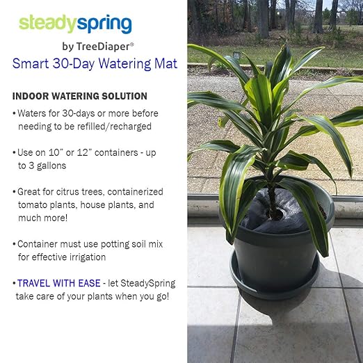 SteadySpring® Smart 30+Day Watering Mat for 10 in to 12 in Containers for Houseplants, Annuals, Herbs, Trees, Tomatoes - Self-Filling, Lasts 30+ Days, Automatic Irrigation Mat (2-Pack)