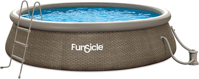 Funsicle 14' x 36" Quickset Round Inflatable Ring Top Outdoor Above Ground Swimming Pool Set with Pump and Cartridge Filter, Brown Triple Basketweave