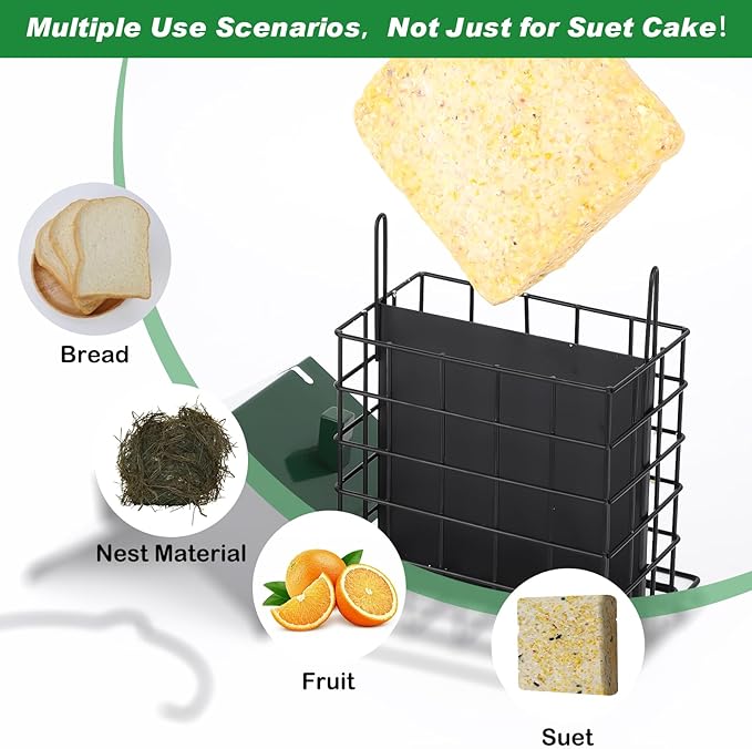 Gbekery All-Metal Double Suet Bird Feeder for Outdoors Hanging, Suet Cake Cage Holder with Weather-Resistant Roof & Perch for Outside Garden, Green