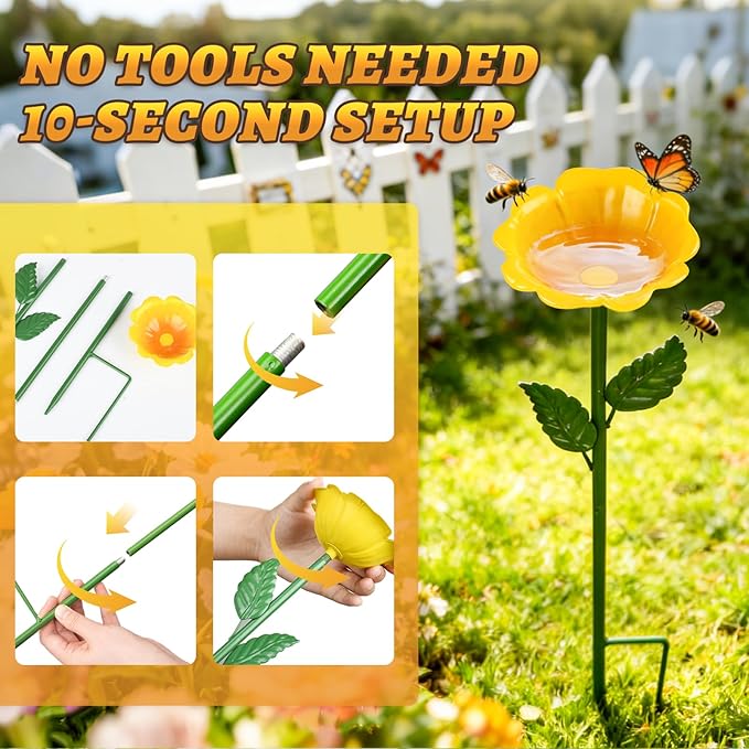 Mellbree Bee Watering Station, 4-Pack Metal Flower Bee Bath for Garden – Attract Butterflies & Pollinators – Colorful Outdoor Gardening Stakes for Yard, Patio, Butterfly Garden, Gardening Essentials
