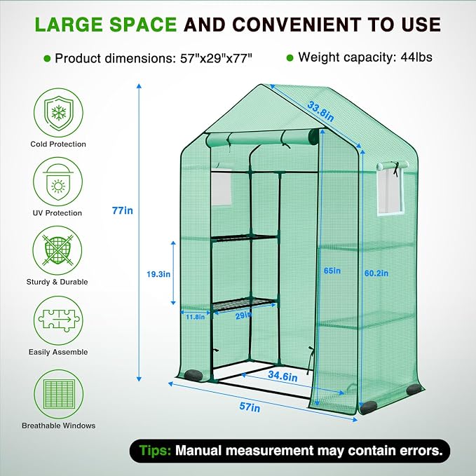 Yesker Greenhouse 57"x29"x77" Walk in Green House - Large Outdoor/Indoor Greenhouses with 4 Shelves Waterproof PE Cover & Windows, Portable Greenhouse Kit for Winter Backyard Gardening Patio, Green