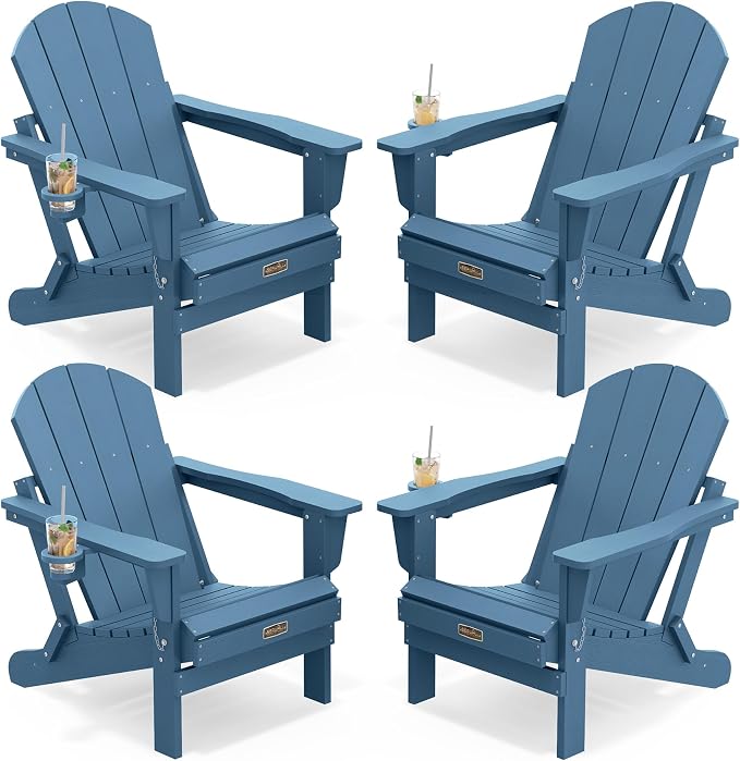 SERWALL Folding Adirondack Chair with Cup Holder Set of 4, Weather Resistant HIPS Patio Chairs, Wooden Textured, Fire Pit Chairs for Garden Outdoors Fire Pit - Blue