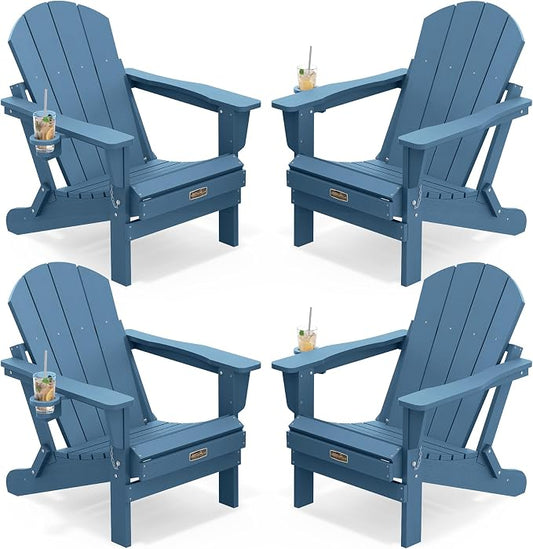 SERWALL Folding Adirondack Chair with Cup Holder Set of 4, Weather Resistant HIPS Patio Chairs, Wooden Textured, Fire Pit Chairs for Garden Outdoors Fire Pit - Blue