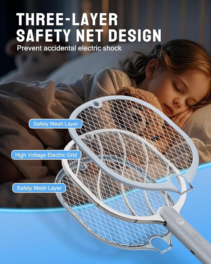 Mosiller Electric Fly Swatter, 3800V Handheld Bug Zapper Racket, Type-C Rechargeable, Mosquito Zapper for Indoor Outdoor, 3-Layer Safety Mesh, Easy to Use, Lightweight (Basic 1 Pack)