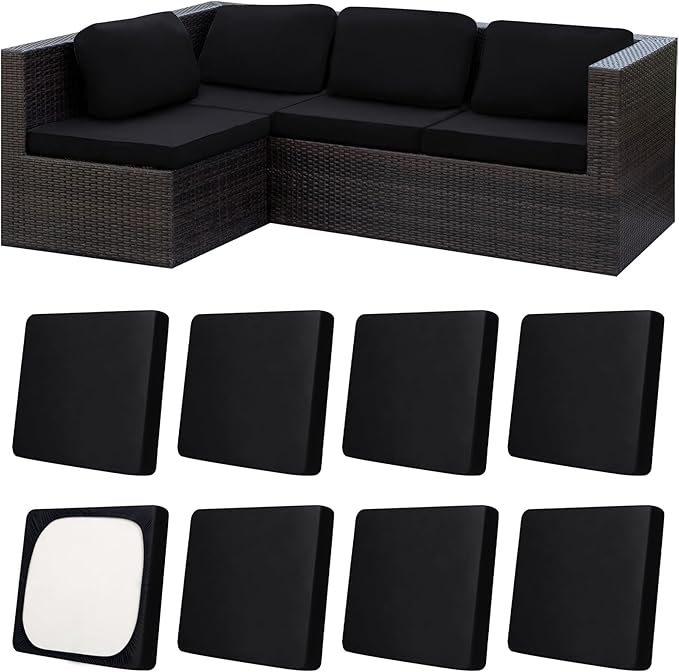 8Pcs Patio Cushion Covers,Outdoor Cushions Covers,Stretch Cushion Covers Replacement, Washable and Reusable Furniture Protectors(Black)