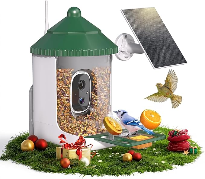 Loatos Bird Feeder with Camera AI Identify 2K Live Video Smart Bird Feeder with Camera, 2.4GHZ WiFi Solar Birds House Cameras, Motion Detection Instant Arrival Alerts, Ideal Present for Birds Lovers