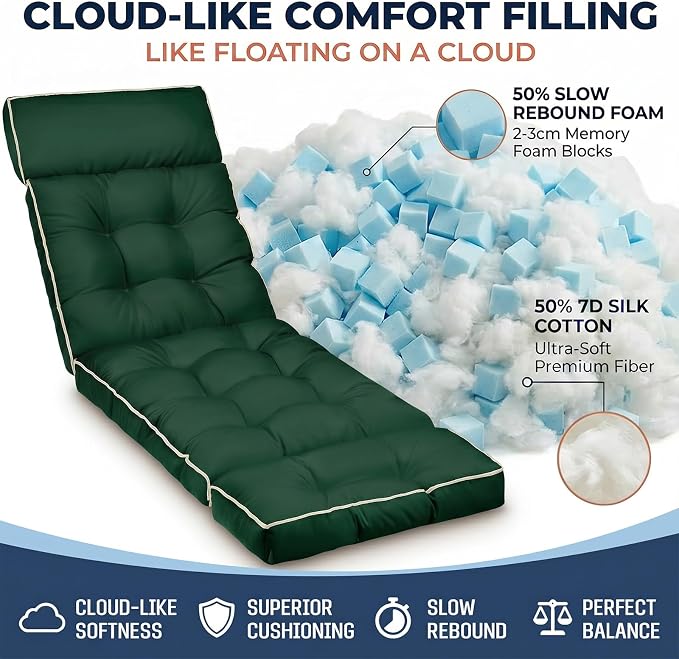 MAGIC ELEPHANT Chaise Lounge Cushion Outdoor, Memory Foam Patio Lounge Chair Cushion with Ties for Outdoor Furniture, 74 x 22 x 4 Inch (Green)