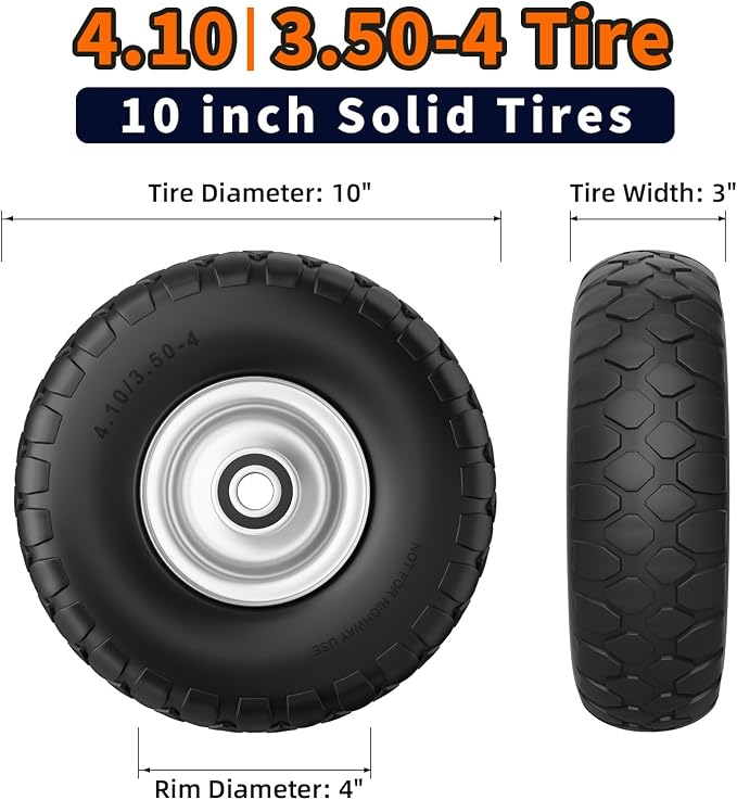 RONPOW 4.10/3.50-4 Flat Free Tire, 10 Inch Solid Tires, 500Lb Heavy Duty Replacement Wheel with 5/8" Bearings, Compatible with gorilla Cart, Garden Carts, Dump Wagon, Dolly & Hand Trucks, 2Pack Silver