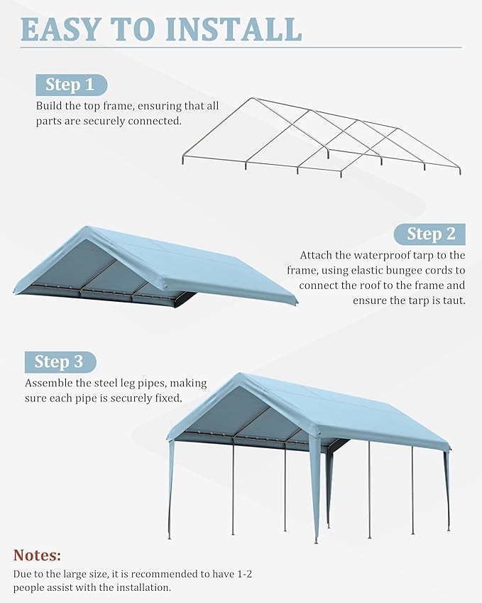 Carport Canopy Replacement Cover 12x20 Heavy Duty Outdoor Portable Car Canopy Oxford Waterproof UV & Tear Resistant Garage Canopy with Ball Bungees (Frame is Not Included)