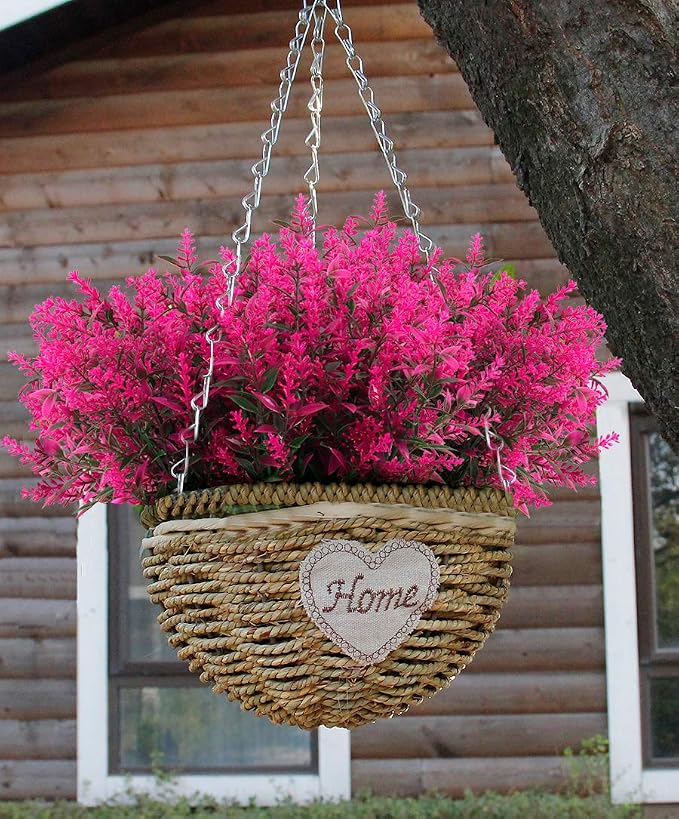 RECUTMS 8 Bundles Artificial Outdoor Lavender Flowers Fake Outside Plants | 13.8",UV Resistant Greenery,Plastic Shrubs,Faux Ferns,Spring Summer Decor,Indoor/Outdoor Hanging Decorations