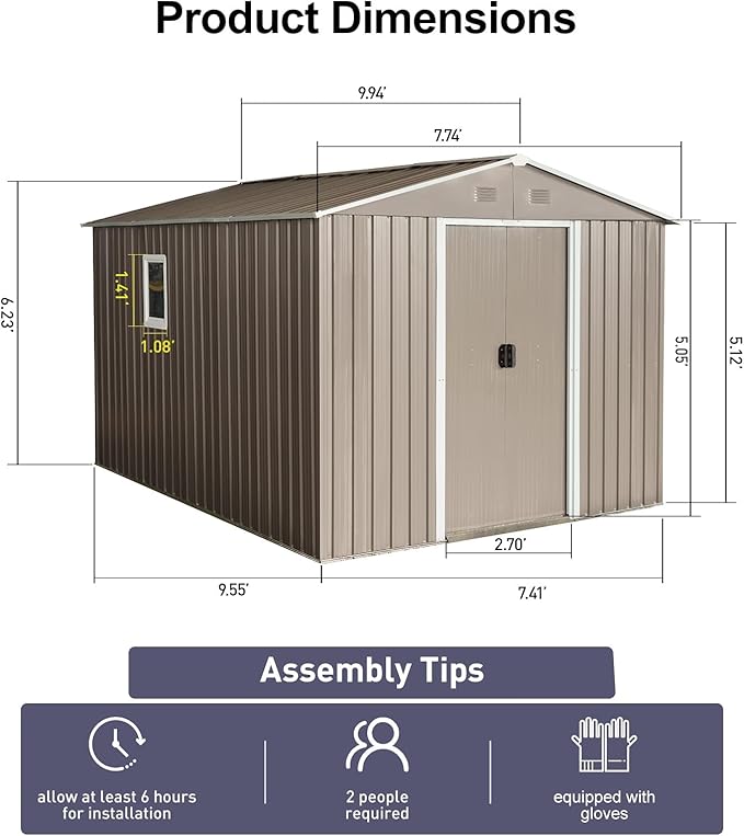 KEIKI 8x10 FT Outdoor Metal Storage Shed with Peaked Roof,Vents,Window and Metal Foundation for Garden Yard