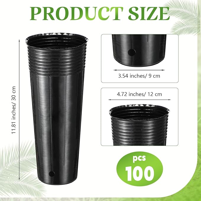 100 Pack Tall Tree Pot 11.8'' x 4.7'', Black Plastic Deep Nursery Pots, Soft Deep Seedling Pots for Seed Starting, Plant Starter Cups with Drainage Holes for Flowers, Cutting & Transplanting