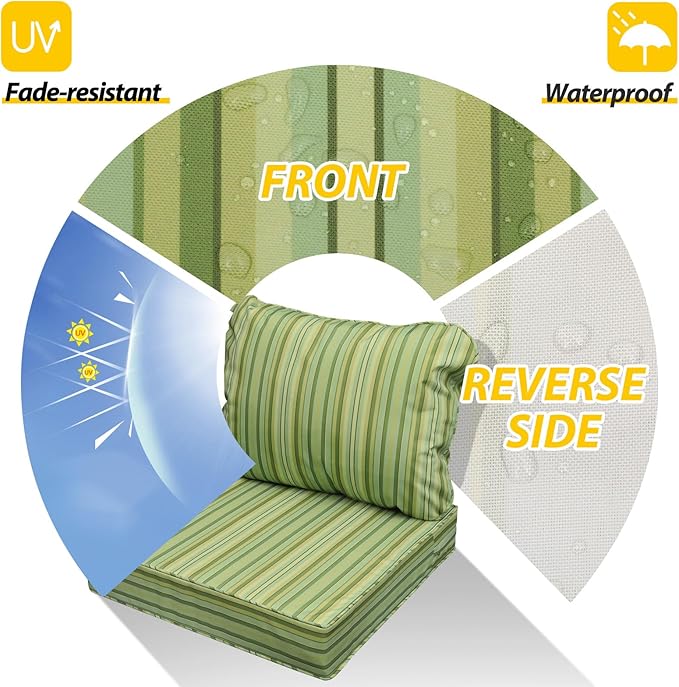 AAAAAcessories Outdoor Seat Cushions for Chairs, Fade-Resistant, Waterproof Patio Furniture Replacement Cushions, 19" x 19" x 3" + 19" x 17", Mossy Forest Stripe