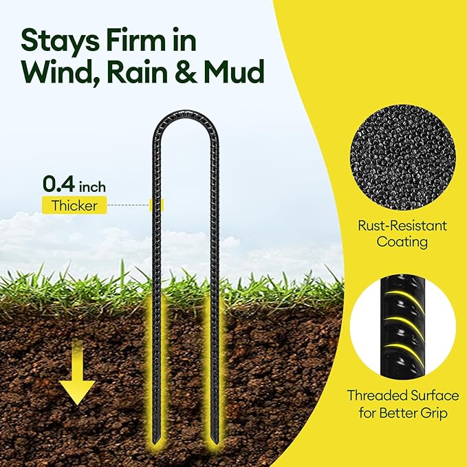 Maygrove 12 Inch Rebar Stakes Heavy Duty 10 Pack, U Shaped Ground Stakes, Galvanized Steel Trampoline Stakes, Tent Anchor Kit Anti-Rust, Drip Hose Wind Stakes, Black