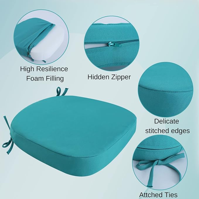 idee-home Outdoor Chair Cushions Set of 4, 17" x 17" Thick D-Shaped Patio Furniture Outdoor Seat Cushions Waterproof with Ties, Dining Pads