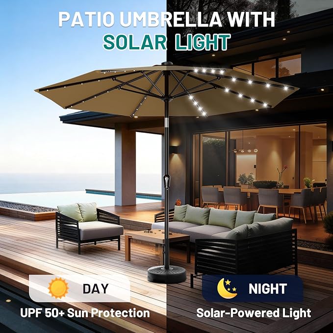AreShark 9FT Patio Umbrella with Solar Lights, 32 Lighted Pool Umbrella w/Tilt and Crank, Outdoor Market Solar Umbrellas for Garden, Deck, Backyard, Pool and Beach, Khaki