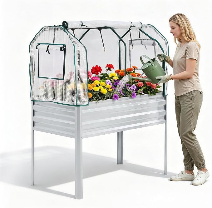 48×24×56in Galvanized Elevated Raised Garden Bed with Legs, Greenhouse Cover & Bird Net, Deep Metal Raised Planter Box for Backyard Patio Balcony Vegetables Herbs Flowers