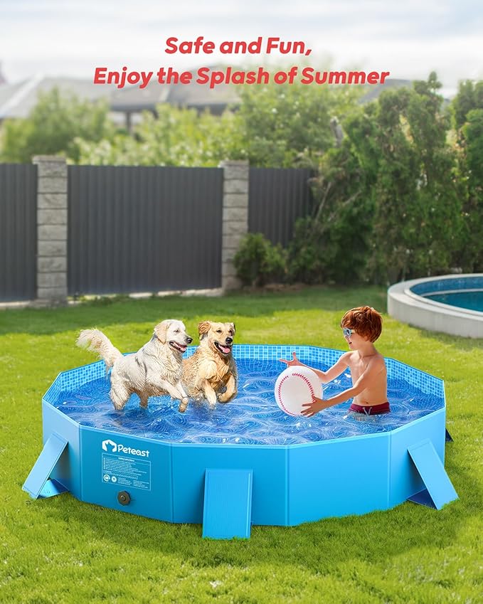 Peteast Foldable Dog Kiddie Pool with Stable Side Support, Hard Plastic Shell Portable Dog Pool, Collapsible Swimming Pools for Pet and Kids, 48 in