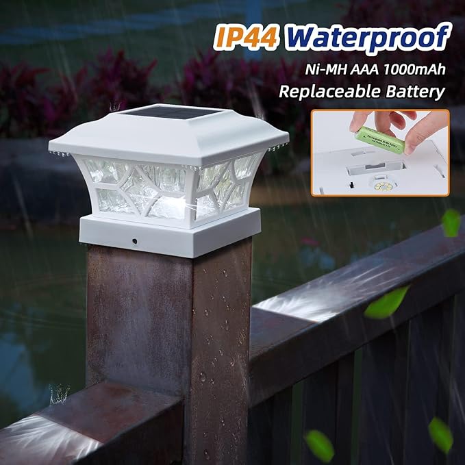 APONUO Solar Post Cap Lights 12 Pack with 1000mAh Battery - for 4x4 5x5 6x6 Fences, Larger Size & Longer Lasting, 2-Mode, IP64 Waterproof, for Deck Patio Yard (White)