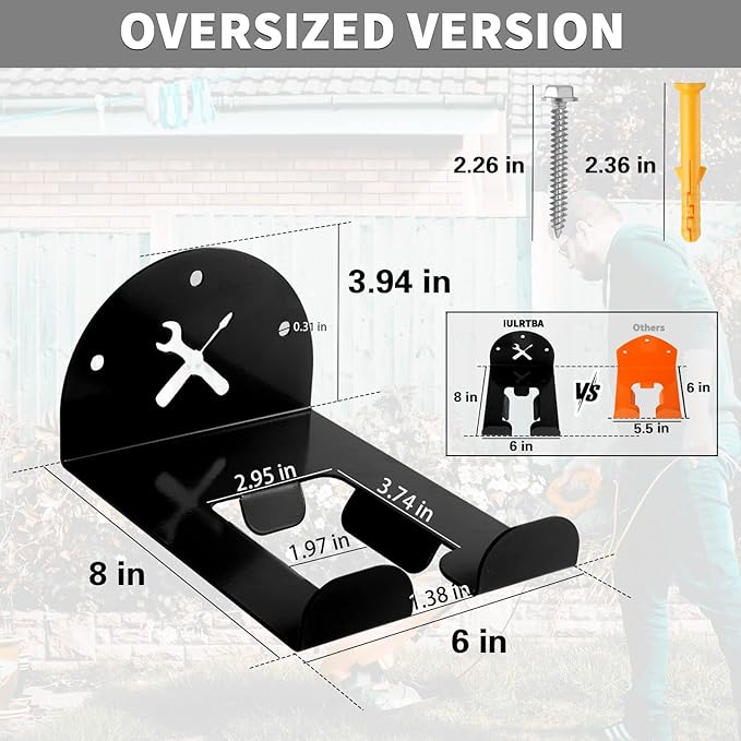 Upgraded Trimmer Rack Wall Mount - 8" Heavy Duty Weed Eater Hanger for Garage Wall, Garden Power Tool Holder Organizer Hooks for Grass Trimmer, Hedge Trimmer, Leaf Blower and Chainsaw, Black, 1 Pack