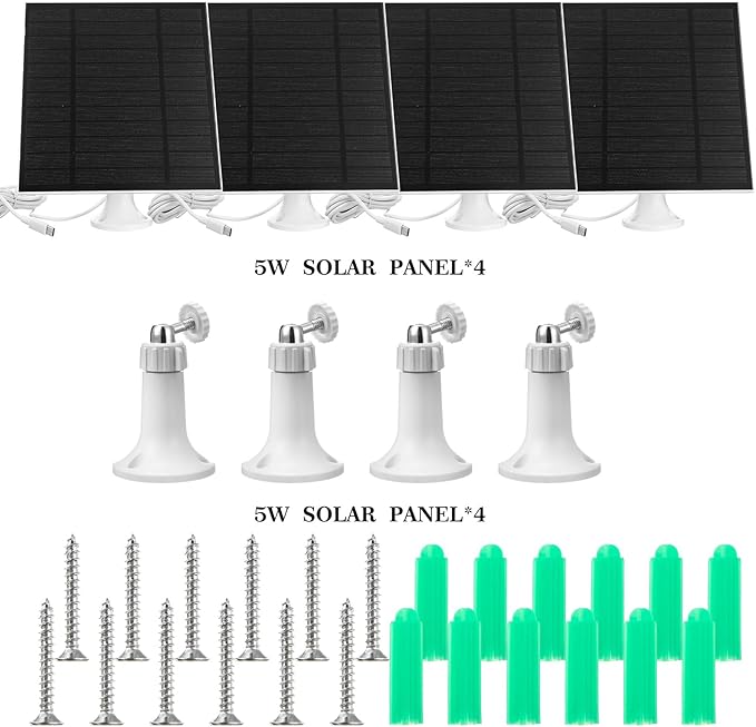 4 Pack 5w Solar Panels for Security Cameras Outdoor Waterproof Solar Panel for Ring Camera with Type-c and 360° Adjustable Safety Bracket Panel Charge Micro for Camera