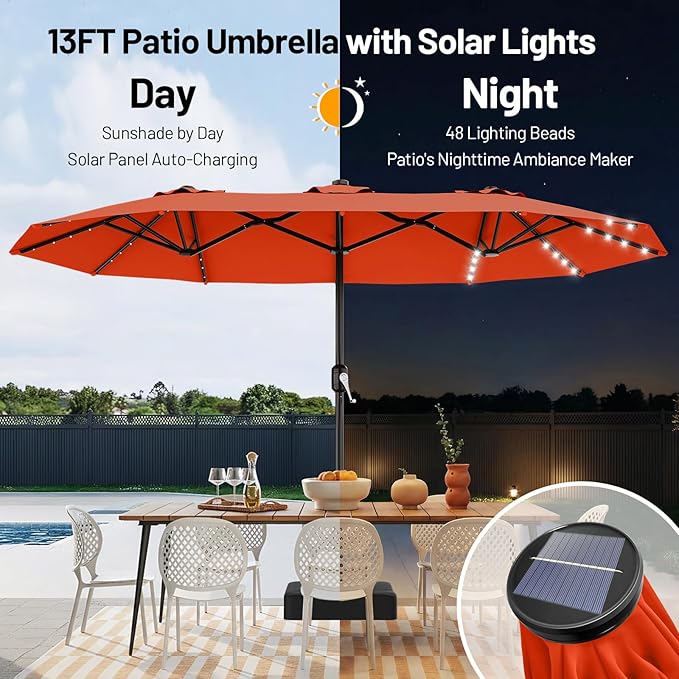 AreShark 13 FT Patio Umbrella with Solar Lights, Double-Sided Outdoor Table Umbrellas with Crank, Large Rectangular Market Umbrella for Porch, Lawn, Pool, Backyard, Orange