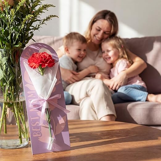Eaasty 96 Set Mother's Day Themed Single Carnation Card Sleeve Gift Packaging Flower Holder with Floral Water Tubes Ribbon and Tissue Paper for Flower Packing