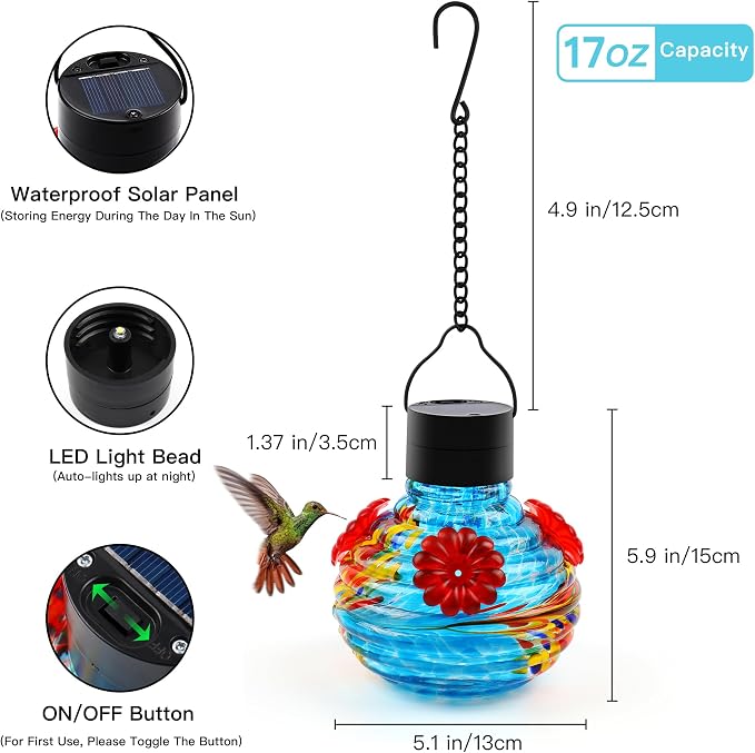 VOREEN Hand Blown Glass Solar Hummingbird Feeder for Outdoor Garden, Waterproof 17oz Hanging Feeder with Colorful Tail Pattern & LED Light, Daytime Bird Feeder & Night Decorative Lantern