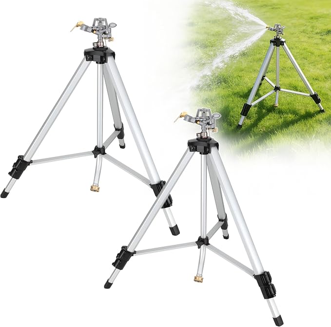 50" Brass Impact Sprinkler on Tripod Base 2pcs,Heavy Duty Metal Pulsating Telescoping Tripod Sprinkler,360 Degree for Large Area,Yard,Lwan&Garden Waters up to 90 Ft. Diameter Covering up to 6360sqft