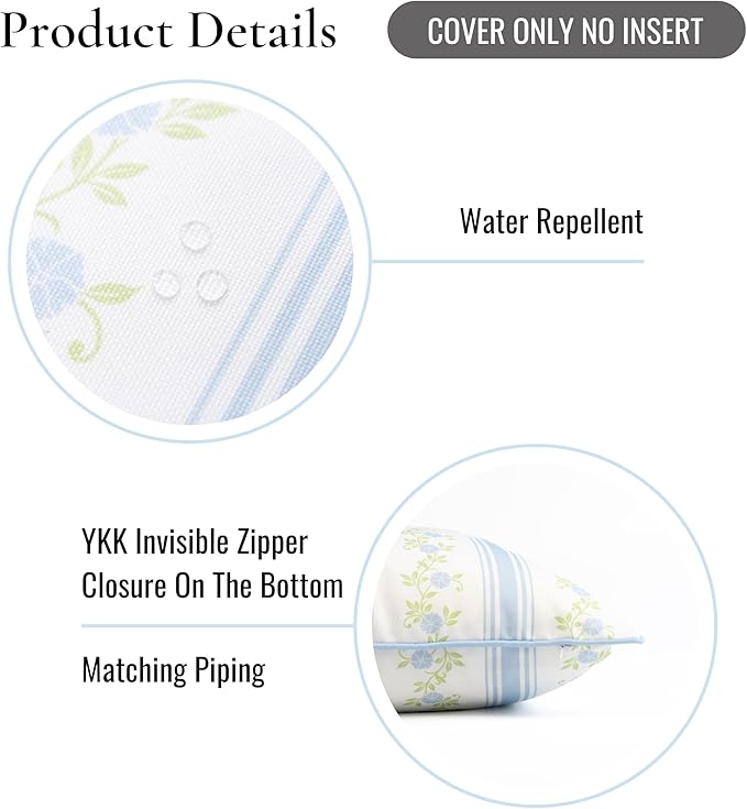 Hofdeco Premium Coastal Patio Indoor Outdoor Throw Pillow Cover Only, 20"x20" Water Repellent for Backyard, Couch, Baby Blue Print Stripe Floral