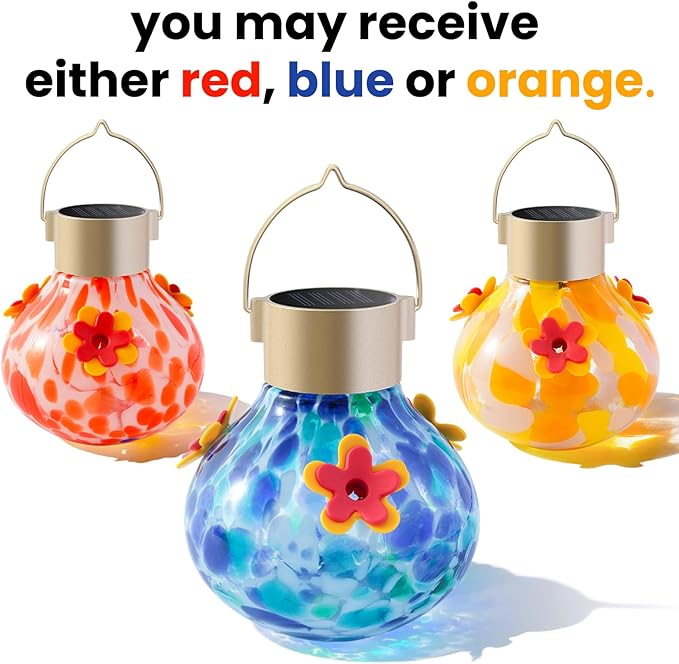 Solar Glass Hummingbird Feeder Outdoors Hanging, Waterproof 3 Feeding Ports, Auto Light Up Garden Decor, Ideal Bird Lover Gift, Blue (Mixed Red & Orange)
